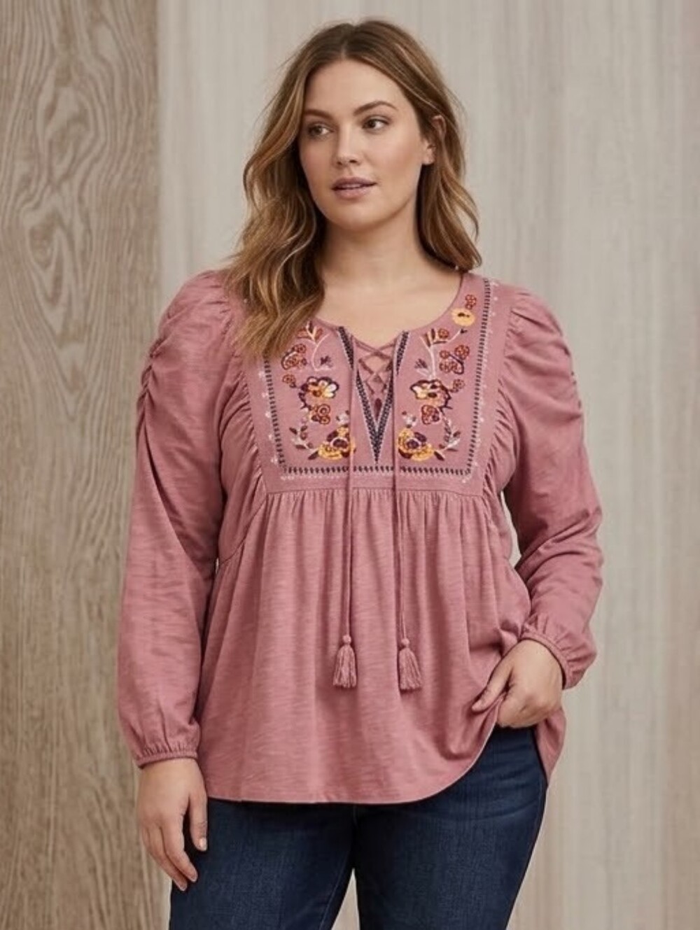ODDI Boho Floral Embroidered Lace Up Tassel Peasant Blouse 1XL